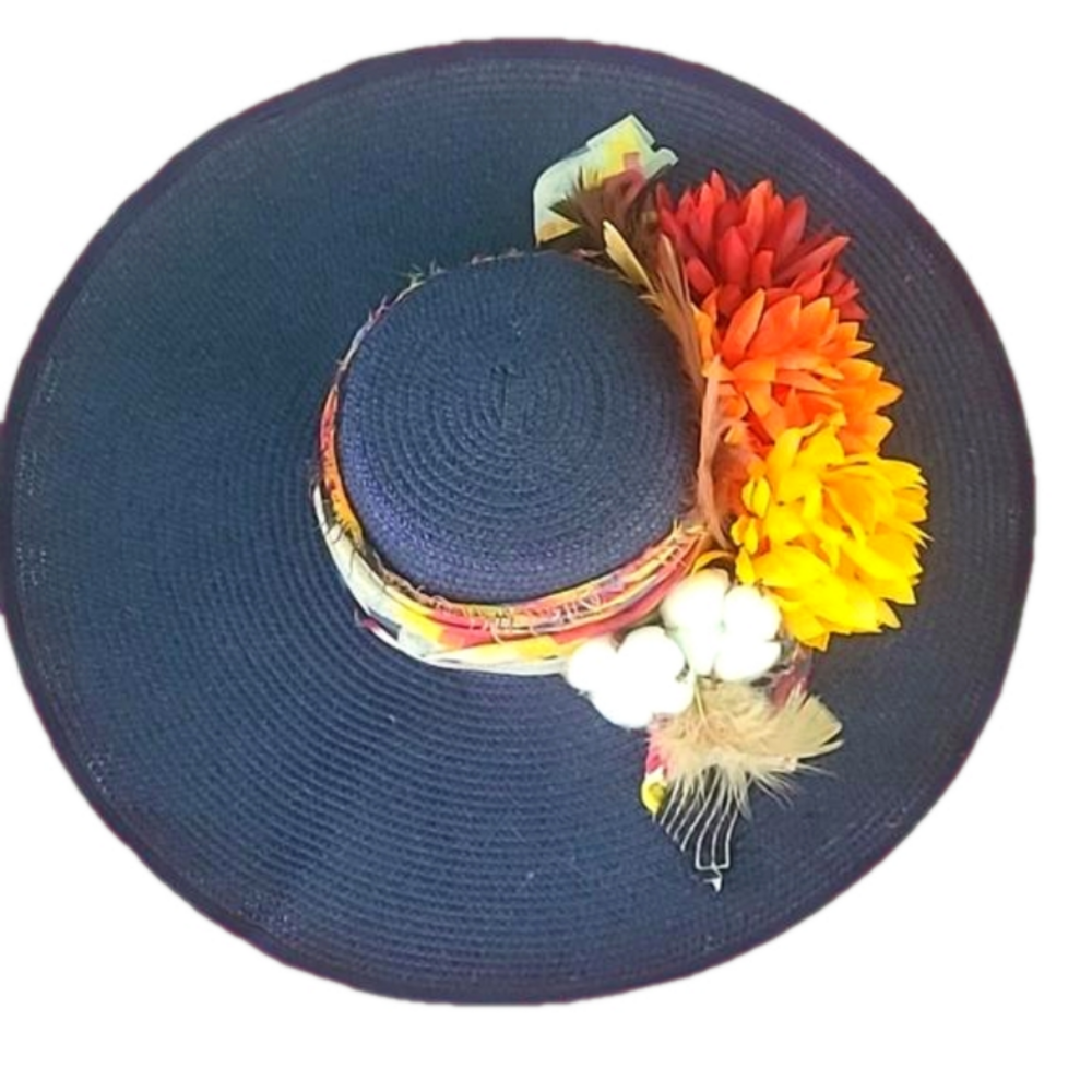 Hat Fall Large Brim Flowers Cotton Upcycled Feathers Cottagecore Western